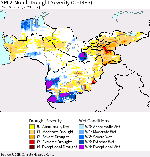 Central Asia SPI 2-Month Drought Severity (CHIRPS) Thematic Map For 9/6/2023 - 11/5/2023