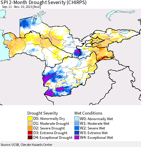 Central Asia SPI 2-Month Drought Severity (CHIRPS) Thematic Map For 9/11/2023 - 11/10/2023