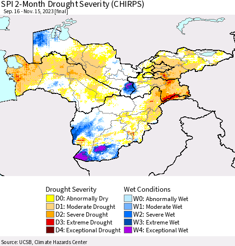 Central Asia SPI 2-Month Drought Severity (CHIRPS) Thematic Map For 9/16/2023 - 11/15/2023