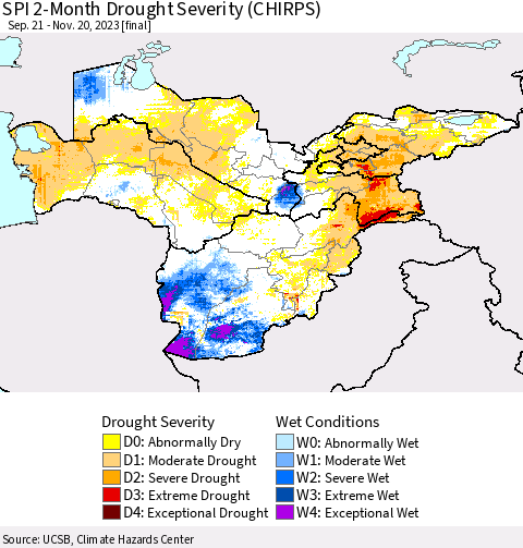 Central Asia SPI 2-Month Drought Severity (CHIRPS) Thematic Map For 9/21/2023 - 11/20/2023