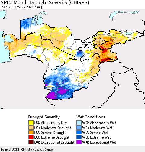 Central Asia SPI 2-Month Drought Severity (CHIRPS) Thematic Map For 9/26/2023 - 11/25/2023