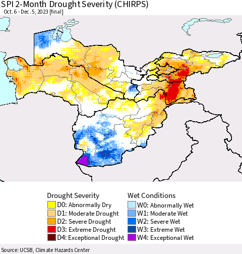 Central Asia SPI 2-Month Drought Severity (CHIRPS) Thematic Map For 10/6/2023 - 12/5/2023