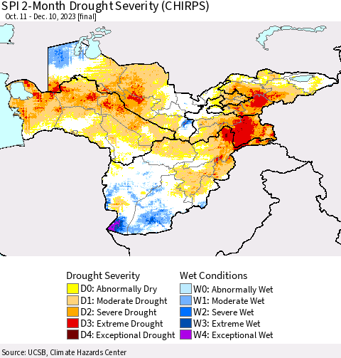 Central Asia SPI 2-Month Drought Severity (CHIRPS) Thematic Map For 10/11/2023 - 12/10/2023