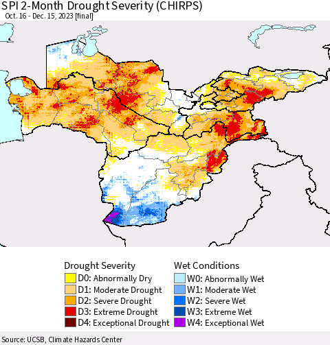 Central Asia SPI 2-Month Drought Severity (CHIRPS) Thematic Map For 10/16/2023 - 12/15/2023