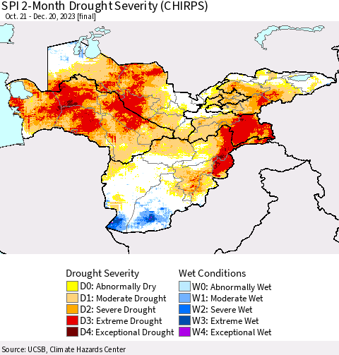 Central Asia SPI 2-Month Drought Severity (CHIRPS) Thematic Map For 10/21/2023 - 12/20/2023