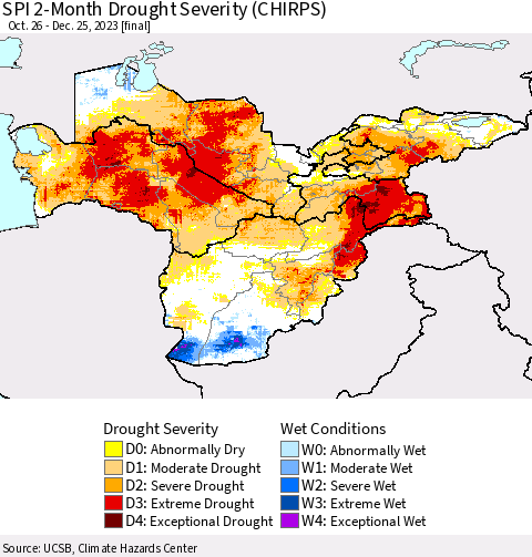 Central Asia SPI 2-Month Drought Severity (CHIRPS) Thematic Map For 10/26/2023 - 12/25/2023