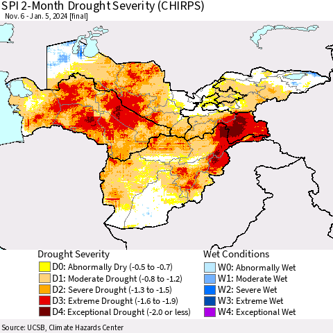 Central Asia SPI 2-Month Drought Severity (CHIRPS) Thematic Map For 11/6/2023 - 1/5/2024