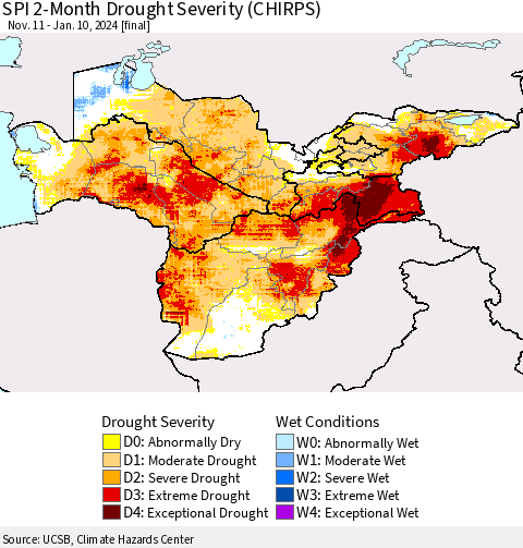 Central Asia SPI 2-Month Drought Severity (CHIRPS) Thematic Map For 11/11/2023 - 1/10/2024