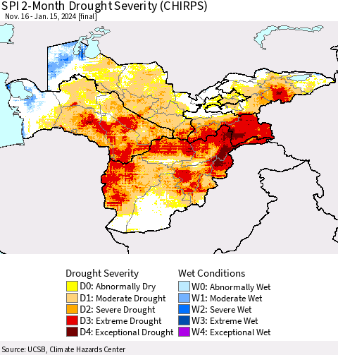 Central Asia SPI 2-Month Drought Severity (CHIRPS) Thematic Map For 11/16/2023 - 1/15/2024