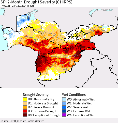 Central Asia SPI 2-Month Drought Severity (CHIRPS) Thematic Map For 11/21/2023 - 1/20/2024