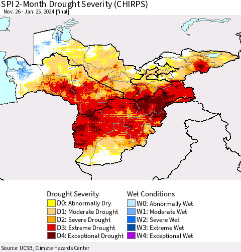 Central Asia SPI 2-Month Drought Severity (CHIRPS) Thematic Map For 11/26/2023 - 1/25/2024