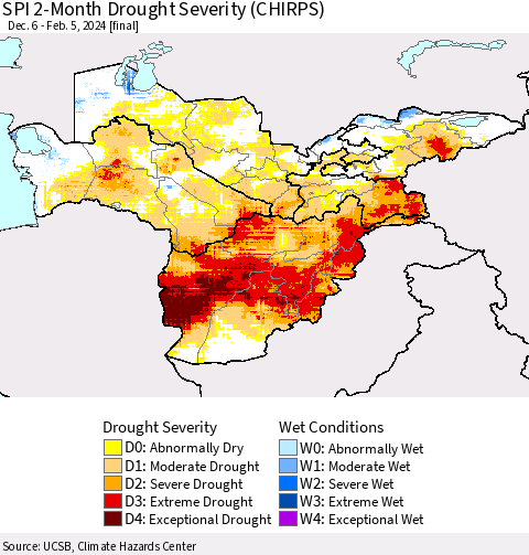 Central Asia SPI 2-Month Drought Severity (CHIRPS) Thematic Map For 12/6/2023 - 2/5/2024