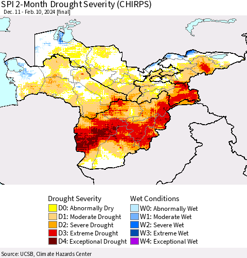 Central Asia SPI 2-Month Drought Severity (CHIRPS) Thematic Map For 12/11/2023 - 2/10/2024
