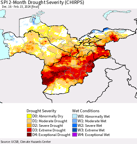 Central Asia SPI 2-Month Drought Severity (CHIRPS) Thematic Map For 12/16/2023 - 2/15/2024