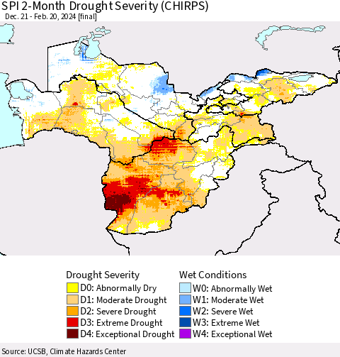 Central Asia SPI 2-Month Drought Severity (CHIRPS) Thematic Map For 12/21/2023 - 2/20/2024