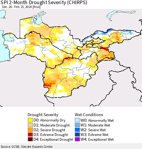 Central Asia SPI 2-Month Drought Severity (CHIRPS) Thematic Map For 12/26/2023 - 2/25/2024