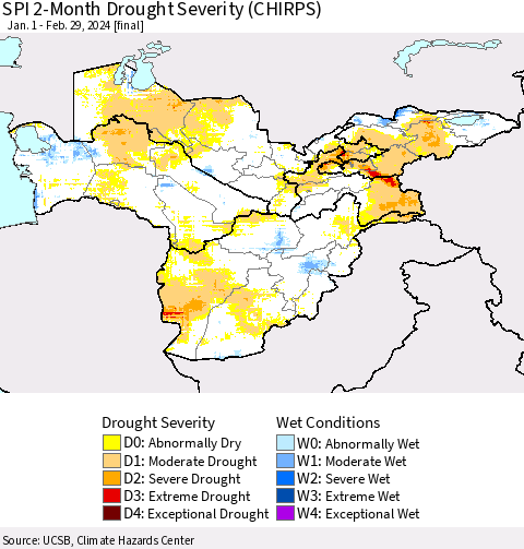 Central Asia SPI 2-Month Drought Severity (CHIRPS) Thematic Map For 1/1/2024 - 2/29/2024