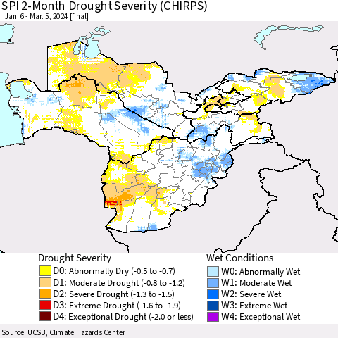 Central Asia SPI 2-Month Drought Severity (CHIRPS) Thematic Map For 1/6/2024 - 3/5/2024