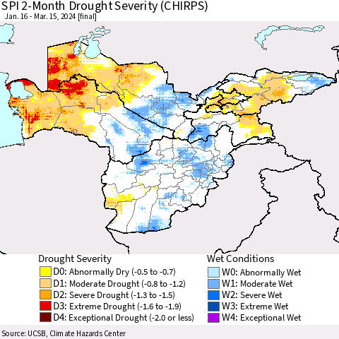 Central Asia SPI 2-Month Drought Severity (CHIRPS) Thematic Map For 1/16/2024 - 3/15/2024
