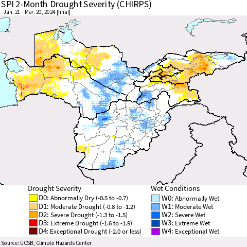 Central Asia SPI 2-Month Drought Severity (CHIRPS) Thematic Map For 1/21/2024 - 3/20/2024