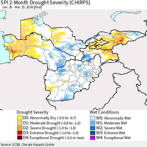 Central Asia SPI 2-Month Drought Severity (CHIRPS) Thematic Map For 1/26/2024 - 3/25/2024