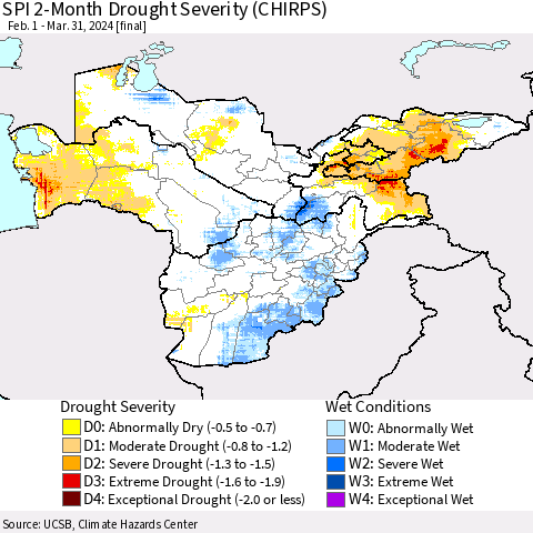 Central Asia SPI 2-Month Drought Severity (CHIRPS) Thematic Map For 2/1/2024 - 3/31/2024