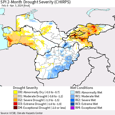 Central Asia SPI 2-Month Drought Severity (CHIRPS) Thematic Map For 2/6/2024 - 4/5/2024