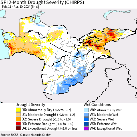 Central Asia SPI 2-Month Drought Severity (CHIRPS) Thematic Map For 2/11/2024 - 4/10/2024