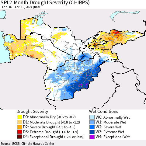 Central Asia SPI 2-Month Drought Severity (CHIRPS) Thematic Map For 2/16/2024 - 4/15/2024