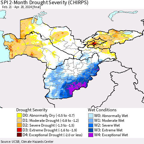 Central Asia SPI 2-Month Drought Severity (CHIRPS) Thematic Map For 2/21/2024 - 4/20/2024