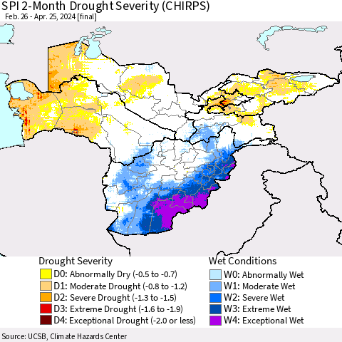 Central Asia SPI 2-Month Drought Severity (CHIRPS) Thematic Map For 2/26/2024 - 4/25/2024