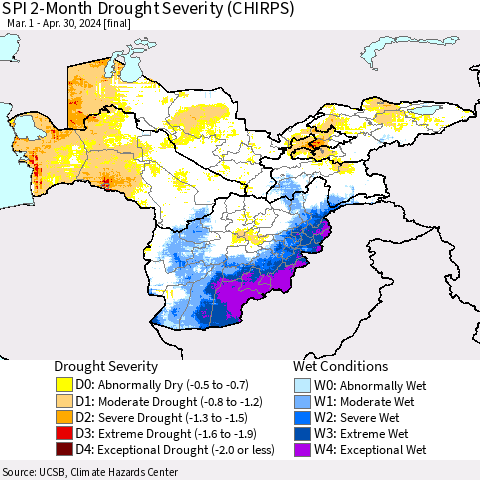 Central Asia SPI 2-Month Drought Severity (CHIRPS) Thematic Map For 3/1/2024 - 4/30/2024