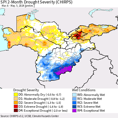 Central Asia SPI 2-Month Drought Severity (CHIRPS) Thematic Map For 3/6/2024 - 5/5/2024