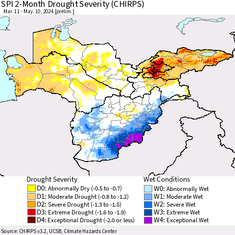 Central Asia SPI 2-Month Drought Severity (CHIRPS) Thematic Map For 3/11/2024 - 5/10/2024