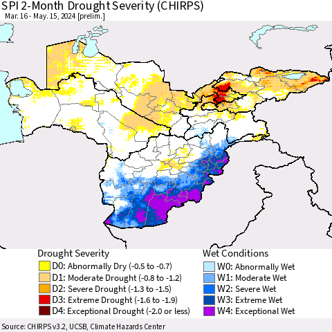 Central Asia SPI 2-Month Drought Severity (CHIRPS) Thematic Map For 3/16/2024 - 5/15/2024