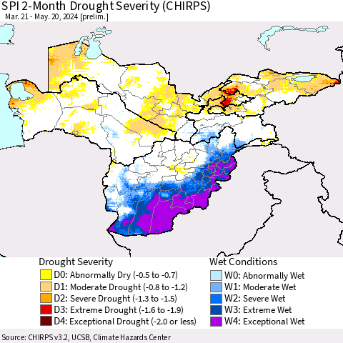 Central Asia SPI 2-Month Drought Severity (CHIRPS) Thematic Map For 3/21/2024 - 5/20/2024