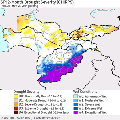 Central Asia SPI 2-Month Drought Severity (CHIRPS) Thematic Map For 3/26/2024 - 5/25/2024