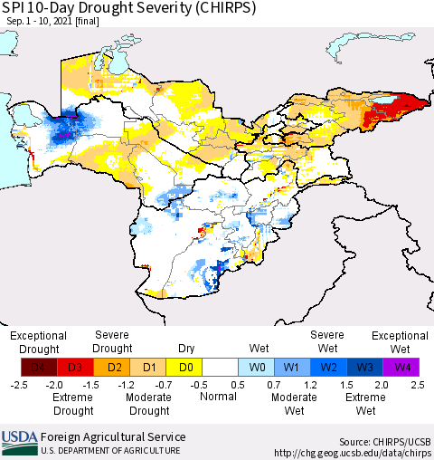 Central Asia SPI 10-Day Drought Severity (CHIRPS) Thematic Map For 9/1/2021 - 9/10/2021