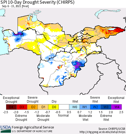Central Asia SPI 10-Day Drought Severity (CHIRPS) Thematic Map For 9/6/2021 - 9/15/2021