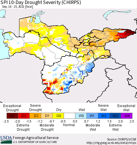 Central Asia SPI 10-Day Drought Severity (CHIRPS) Thematic Map For 9/16/2021 - 9/25/2021