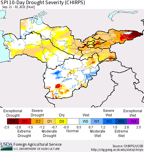 Central Asia SPI 10-Day Drought Severity (CHIRPS) Thematic Map For 9/21/2021 - 9/30/2021