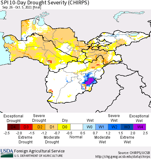 Central Asia SPI 10-Day Drought Severity (CHIRPS) Thematic Map For 9/26/2021 - 10/5/2021