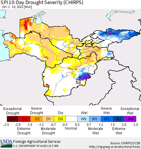 Central Asia SPI 10-Day Drought Severity (CHIRPS) Thematic Map For 10/1/2021 - 10/10/2021