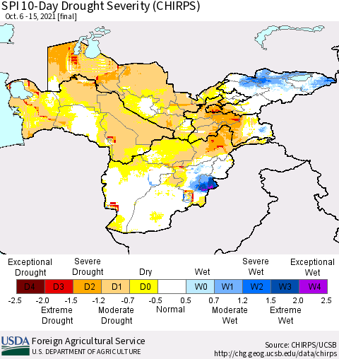 Central Asia SPI 10-Day Drought Severity (CHIRPS) Thematic Map For 10/6/2021 - 10/15/2021