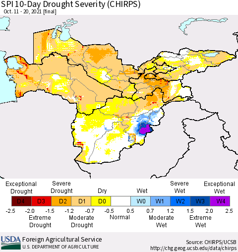 Central Asia SPI 10-Day Drought Severity (CHIRPS) Thematic Map For 10/11/2021 - 10/20/2021