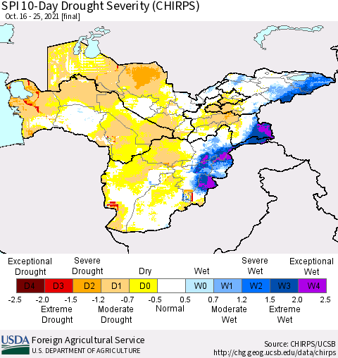 Central Asia SPI 10-Day Drought Severity (CHIRPS) Thematic Map For 10/16/2021 - 10/25/2021