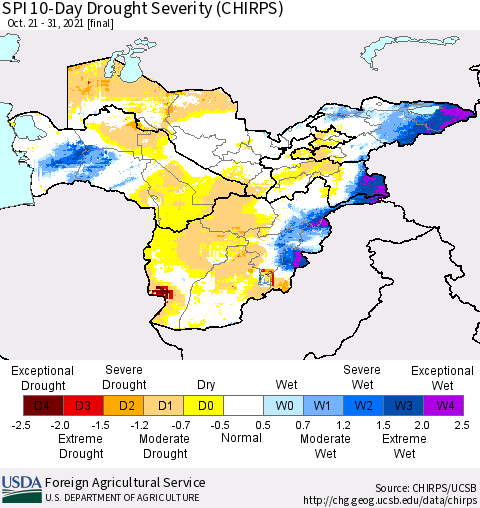 Central Asia SPI 10-Day Drought Severity (CHIRPS) Thematic Map For 10/21/2021 - 10/31/2021