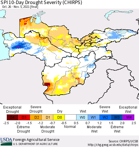 Central Asia SPI 10-Day Drought Severity (CHIRPS) Thematic Map For 10/26/2021 - 11/5/2021