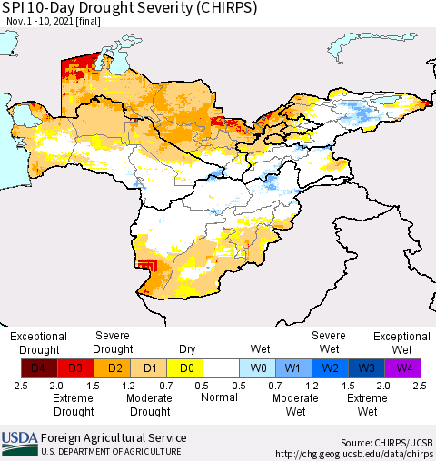 Central Asia SPI 10-Day Drought Severity (CHIRPS) Thematic Map For 11/1/2021 - 11/10/2021