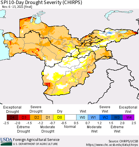Central Asia SPI 10-Day Drought Severity (CHIRPS) Thematic Map For 11/6/2021 - 11/15/2021